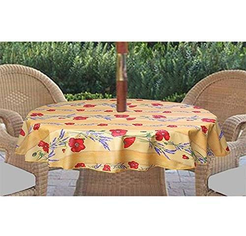 $55 60" Rd Poppies on Yellow Wipeable Coated Cotton Tablecloth Seats 2-4