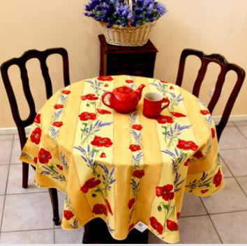 $55 60" Rd Poppies on Yellow Wipeable Coated Cotton Tablecloth Seats 2-4