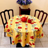 $55 60" Rd Poppies on Yellow Wipeable Coated Cotton Tablecloth Seats 2-4