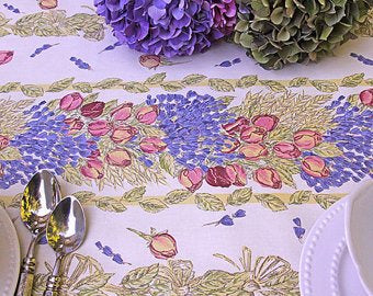 $30 60" Square Tissus Toselli Roses & Lavender Sprigs Stripe Banner Design Plain Cotton Tablecloth – Use on a 30 to 45 inch square table for 2 to 4 Place Seating or use a Slip-Leaf Expansion-Length Rectangular Table that seats 4 to 6!