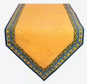 $35  Avignon 60" x 20" French Blue Yellow Table Runner Jacquard Blue Delt Center with Yellow Filigree Cadre Border