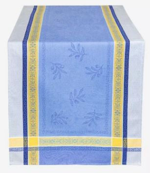 $89 11-Pcs 2-8 Plc Jacquard Olives Sprigs On Blue Yellow Table Runner Ensemble Set  for 5-8 Ft Tables