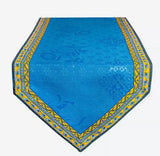 $35  Avignon 60" x 20" French Blue Yellow Table Runner Jacquard Blue Delt Center with Yellow Filigree Cadre Border