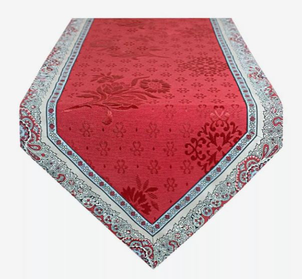 $35 Bastide 60" x 20" Table Runner with Red & Grey Cadre Border and V-End with Delft Jacquard Red Center Panel 