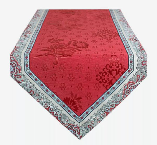 $35 Bastide 60" x 20" Table Runner with Red & Grey Cadre Border and V-End with Delft Jacquard Red Center Panel 