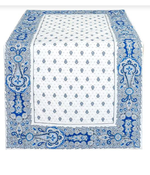 $25 Bastide 62" x 20" Blue Table Runner Blue Cadre Border with Allover Blue Calissons on White Center Panel 