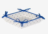 $15 Tissus Toselli 8" x 8" Square Blue & White TIDY Folding-Sides Fabric Bread Basket 4-Corner Tie-Up in Coated Cotton  – Add Fresh Blue-Sky France Artisanal 8" Sq Bread Basket to Your Tabletop!