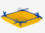 $79-70" Rd 2-6 Place 8-Pcs Ensemble Set Includes 1-Blue Allover Calissons Floral Buds on Yellow Plain Cotton Tablecloth +6 Matching Napkins +1 Tidy Fabric Bread Basket - A Relaxing Floral Sunny Day Table Topper!