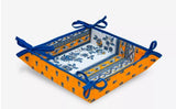 $55 60" Rd Blue on Yellow Floralr Tablecloth 2-4 Place 6-Pcs Ensemble Set of 1-Avignon Blue Filigree Banner on Yellow Plain Cotton Tablecloth +4 Matching Napkins +1 Tidy Fabric Bread Basket - - Embrace & Enjoy French Bistro S