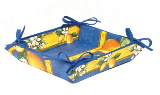 $139 70" Rd 2-6 Place 8-Pcs Ensemble Set Includes 1-Lemons on Blue Wipeable Coated Cotton Tablecloth +6 Matching Napkins +1 Tidy Fabric Bread Basket - Display a Citron Lemons Theme Tabletop!