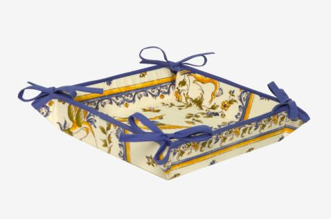$15 Tissus Toselli Moustiers Blue Birds on White 8" x 8" TIDY 4-Corner Tie-Up Stain-Proof Coated Cotton Bread Basket – Embrace the Grace of Moustiers’ Blue Birds Artistry!