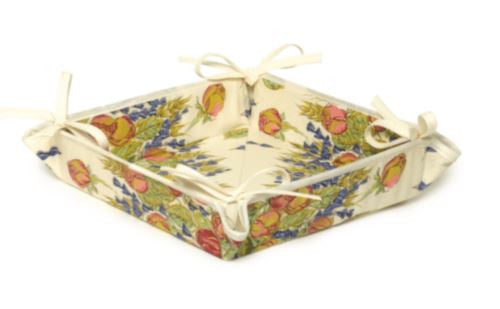 $15 Tissus Toselli 8" x 8" Roses & Lavender on White TIDY Fabric Bread Basket 4-Corner Tie-Up in Coated Cotton – Create Tabletop Elegance with a French Country Floral Tidy Bread Basket!  