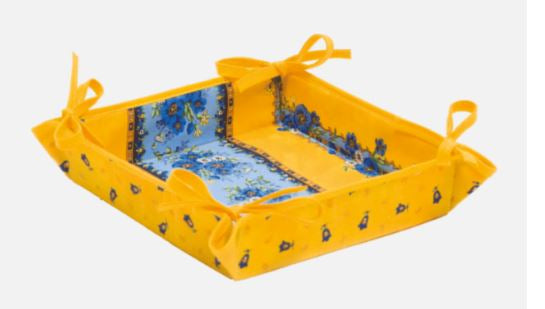 $99 60" Sq 2-4 Place 6-Pcs Ensemble Set of 1-Tradition Blue on Yellow Stain-Proof Coated Cotton Tablecloth +4 Matching Napkins +1 Tidy Fabric Bread Basket - – Display a Floral Design Bistro Dining Tabletop!