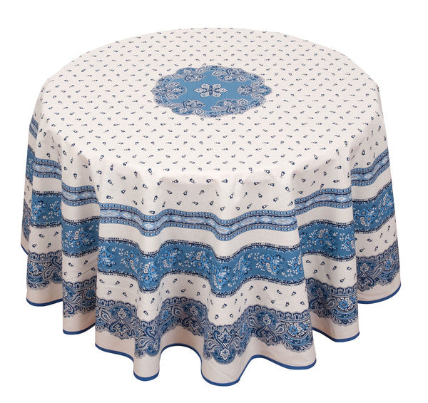 $69 70" Round MARAT Tradition Blue on White Plain Cotton Tablecloth – Most Popular Light Blue Tones Provence Tablecloth!