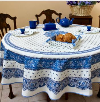 $139 70" Rd 2-6 Place 8-Pcs Ensemble Set Includes 1-TRadition Blue Filigree on White Wipeable Coated Cotton Tablecloth +6 Matching Napkins +1 Tidy Fabric Bread Basket - A Blue Sky Theme Dining Tabletop!