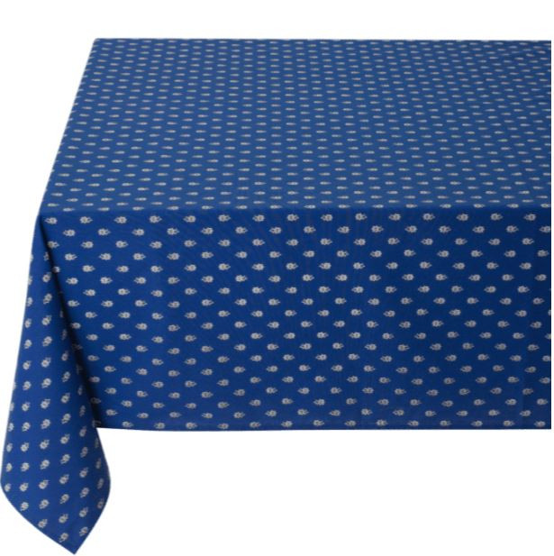 60" Square MARAT Avignon White Allover Calissons on Blue Coated Cotton Tablecloth For 2-4 Person Seating...Order Matching $6 Napkins & $15 Tidy Bread Basket Displayed on this Tablecloth Page!