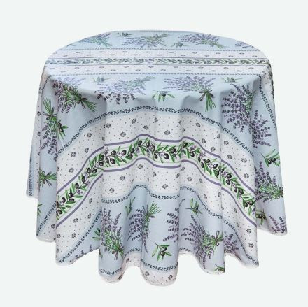 60" Round Tissus Toselli Lauris Lavender Flowers and Olives Vine Stain-Proof Cotton Tablecloth – For 2-4 Person Seating