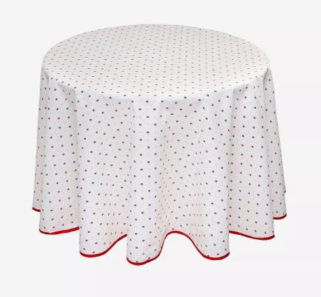 60" Round Tissus-Toselli Red Allover Floral Calissons Buds on White Plain Cotton Tablecloth – Set Your Tabletop with a Bright Red & White Highlights!