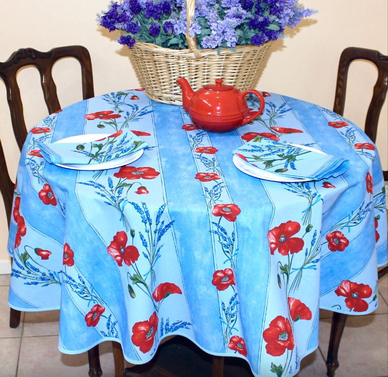 60" Round Tissus Toselli Red Poppies & Lavender on Light-Blue Plain Cotton Tablecloth 2-4 Place 6-Pcs Plain Cotton Tablecloth Ensemble Set of 1 Tablecloth, 4 Napkins, 1 Tidy Basket 