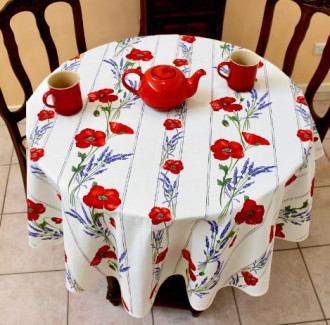 60" Round Tissus Toselli Red Poppies & Lavender on White Plain Cotton Tablecloth 2-4 Place 6-Pcs Plain Cotton Tablecloth Ensemble Set of 1 Tablecloth, 4 Napkins, 1 Tidy Basket – Display a Red Poppies on White Tabletop!