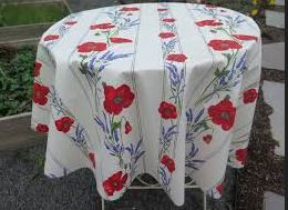 60" Rd Red Poppies Lavender on Bright White Cotton Tablecloth