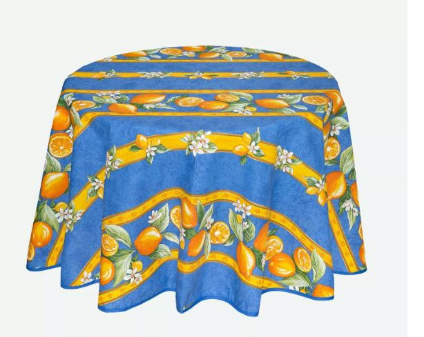 60" Round Tissus Toselli Citron Lemons on Blue Plain Cotton Tablecloth – For 2-4 Person Seating...Order Matching $6 Napkins & $15 Tidy Bread Basket Displayed on this Tablecloth Page! 