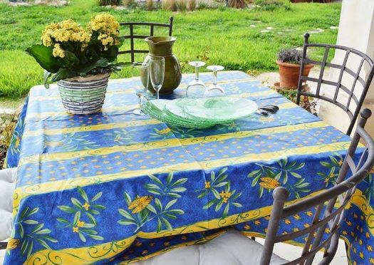 60" Square Tissus-Toselli Cigale Locusts on Blue Coated Stain-Proof Cotton Tablecloth –For Seating 2-4 persons...Includes 2 Free Napkins...Order More Matching $6 Napkins & $15 Tidy Bread Basket on this Tablecloth Page! 