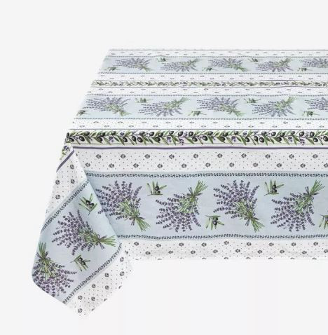 60" Square Tissus Toselli Lavender Sprigs & Olives on Branches on Lavender & White Design in Coated Cotton Tablecloth