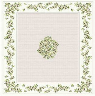 60” Sq Tissus Toselli Nyon 4-Sides Bordered Olives , Leaves on Branches on Grey in Plain Cotton