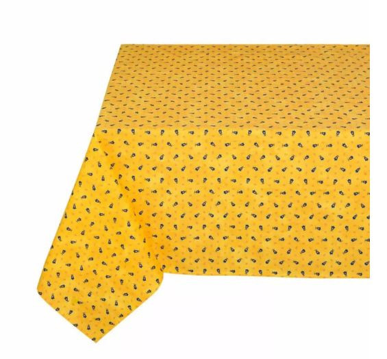 60" Square MARAT Tradition Blue Floral Calissons Buds on Yellow Plain Cotton Tablecloth Seats 2 to 4 
