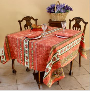 60" Round MARAT Tradition Green Filigree on Orange Rust Plain Cotton Tablecloth 