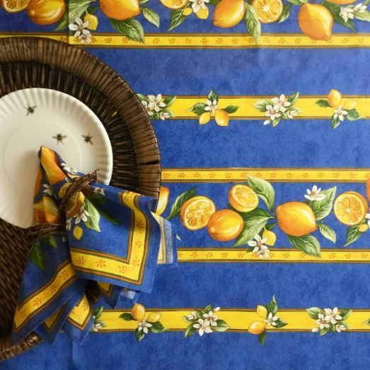 60" Square Tissus Toselli Citron Lemons & Leaves on Blue Stain-Proof Cotton Tablecloth – For Seating 2-4 persons...Includes 2 Free Napkins...Order More Matching $6 Napkins & $15 Tidy Bread Basket on this Tablecloth Page!