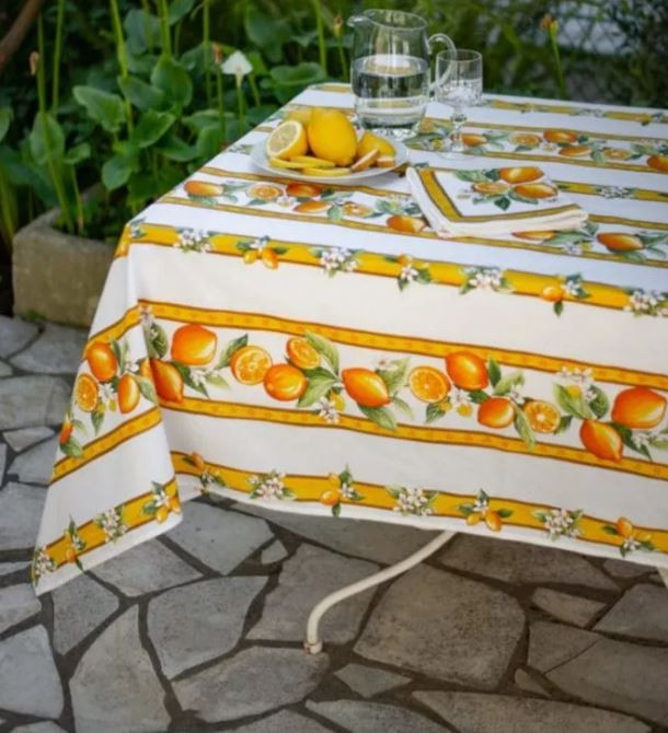 60" Square Tissus Toselli Citron Lemons & Leaves on White Stain-Proof Cotton Tablecloth –For 2-4 Person Seating...Order Matching $6 Napkins & $15 Tidy Bread Basket Displayed on this Tablecloth Page! 