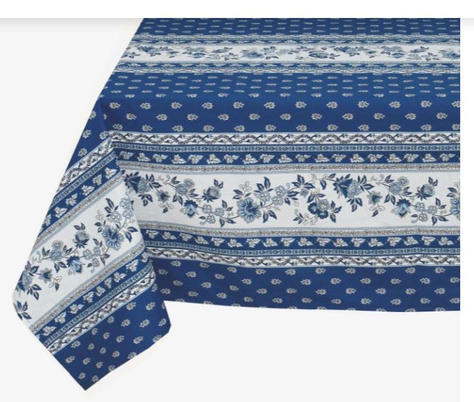 60" Square MARAT Avignon Blue & White Banner Stain-Proof Cotton Tablecloth – For Seating 2-4 persons...Includes 2 Free Napkins...Order More Matching $6 Napkins & $15 Tidy Bread Basket on this Tablecloth Page! 