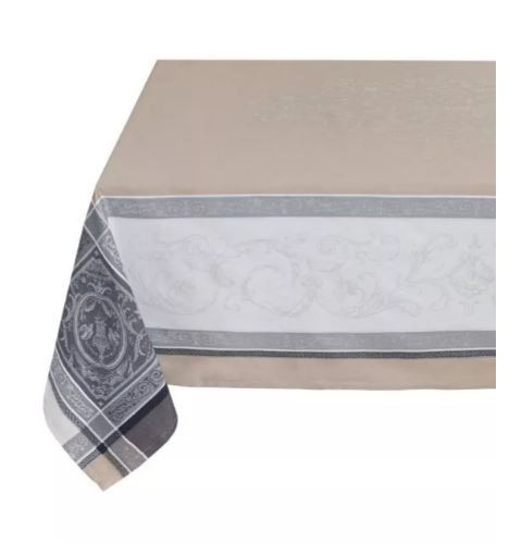 64" Square Tissus Toselli Jacquard Woven Versailles Taupe & White Bordered Tablecloth in Stain-Proof Cotton
