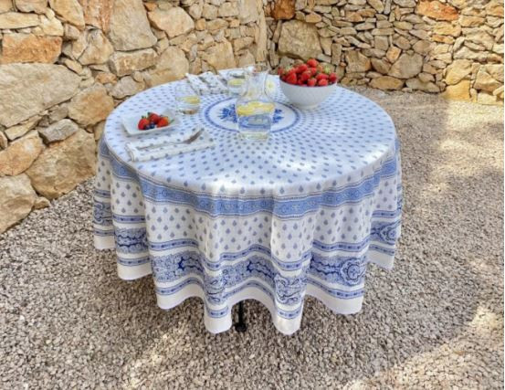 70" Round MARAT Bastide Light-Blue on White Stain-Proof Cotton Tablecloth for Seating 2-6 People...Includes 4 Free Napkins...Order More Matching $6 Napkins & $15 Tidy Bread Basket on this Tablecloth Page! 