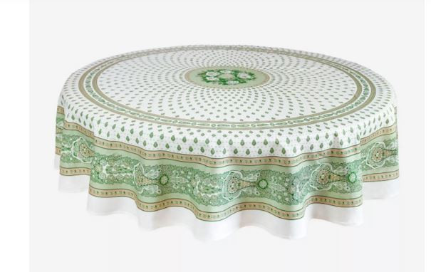 70" Round MARAT Bastide Green Filigree on White Stain-Proof Cotton Tablecloth for Seating 2-6 People...Includes 4 Free Napkins...Order More Matching $6 Napkins & $15 Tidy Bread Basket on this Tablecloth Page!
