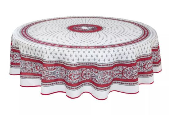70" Round MARAT Bastide Burgundy Red & Gray on White Stain-Proof Cotton Tablecloth – For Seating 2-6 People...Includes 4 Free Napkins...Order More Matching $6 Napkins & $15 Tidy Bread Basket on this Tablecloth Page!