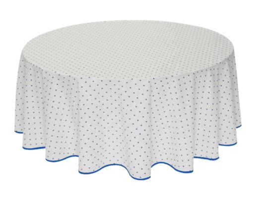 60" Round Tissus-Toselli Blue Allover Floral Calissons Buds on White Plain Cotton Tablecloth For 2-4 Person Seating
