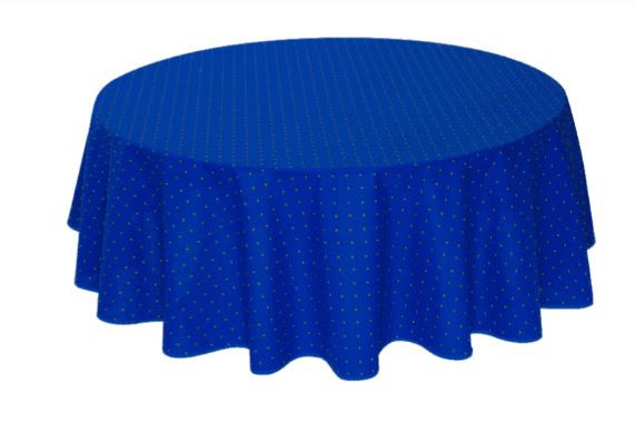 Tissus Toselli 60" Rd Tablecloth 2-4 Place 6-Pcs Yellow Floral Calissons Buds on Blue Ensemble Set in Plain Cotton 4-Place Settings 6-Pcs Set | 1 Tablecloth, 4 Napkins, 1 Tidy Bread Basket – Enjoy French Bistro Dining! 