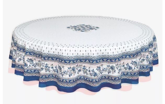 70" Round MARAT Avignon Revisited Blue on White Filigree Coated Cotton Tablecloth for Seating 2-6 People...Includes 4 Free Napkins...Order More Matching $6 Napkins & $15 Tidy Bread Basket on this Tablecloth Page! 