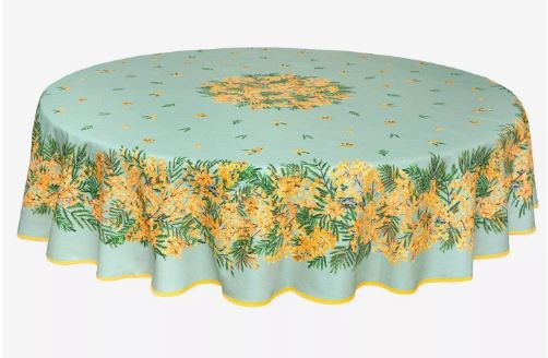 70" Round Tissus Toselli Mimosa Yellow Small Flowers on Green Plain Cotton Tablecloth For 2-6 Person Seating...Order Matching $6 Napkins & $15 Tidy Bread Basket Displayed on this Tablecloth Page!