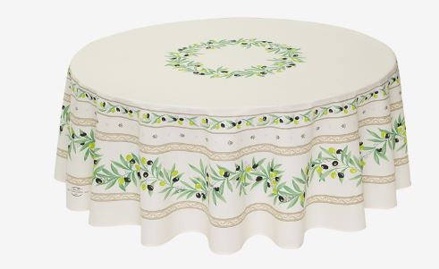 70" Rd 2-6 Place 8-Pcs Ensemble Set Includes 1-Ramatuelle Olives on White Wipeable Coated Cotton Tablecloth +6 Matching Napkins +1 Tidy Fabric Bread Basket 