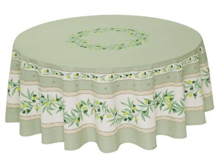 70" Round Tissus-Toselli Ramatuelle Olives & Leaves in Green on White Stain-Proof Cotton Tablecloth for 2-6 Person Seating