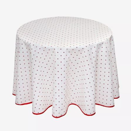 Tissus Toselli 60" Rd  Red Buds on White Tablecloth 2-4 Place 6-Pcs Red Floral Calissons Buds on White Ensemble Set in Plain Cotton 4-Place Settings 6-Pcs Set | 1 Tablecloth, 4 Napkins, 1 Tidy Bread Basket – Enjoy French Bistro Dining!