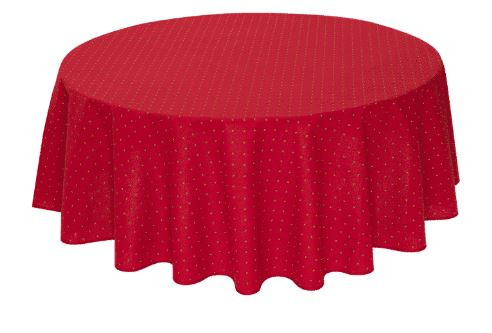 60" Round Tissus-Toselli Yellow Allover Floral Calissons Buds on Red Plain Cotton Tablecloth – Set Your Tabletop with a Sunset & Red Wine Theme! 
