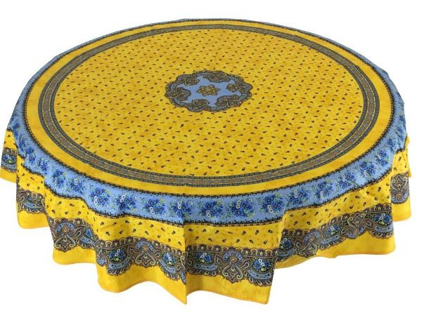 90" Round MARAT Tradition Blue on Yellow Tablecloth in Stain-Proof Coated Cotton