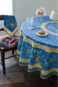 70" Round Tissus-Toselli Cigale Locusts Provence Tablecloth on Variegated-Blue in Stain-Proof Cotton for 2-6 Person Seating...Order Matching $6 Napkins & $15 Tidy Bread Basket Displayed on this Tablecloth Page!