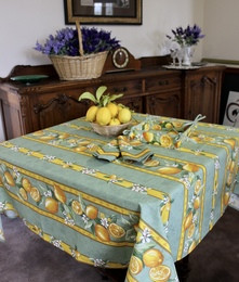 60" Square Tissus-Toselli Citron Lemons & Leaves on Green Stain-Proof Cotton Tablecloth – For Seating 2-4 persons...Includes 2 Free Napkins...Order More Matching $6 Napkins & $15 Tidy Bread Basket on this Tablecloth Page!