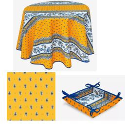 60" Rd MARAT Avignon Blue Filigree Banner on Yellow Stain-Proof Tablecloth 4-Place 6-Pcs Ensemble Set of 1 Tablecloth, 4 Napkins, I Tidy Bread Basket